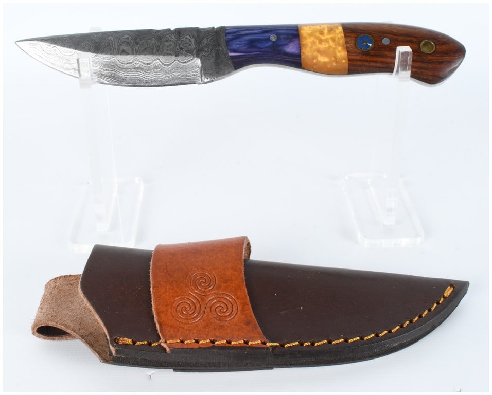A Custom Damascus Steel Fixed-Blade Knife with Segmented Handle and Leather Sheath (1 of 6)