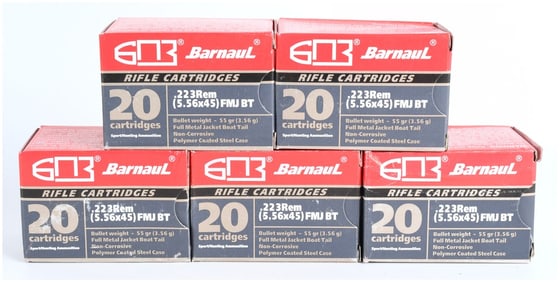 Barnaul Cartridge Plant .223 Remington 55 Grain FMJ BT Ammunition, Lot of 100 Boxes, c. 2010-2022
