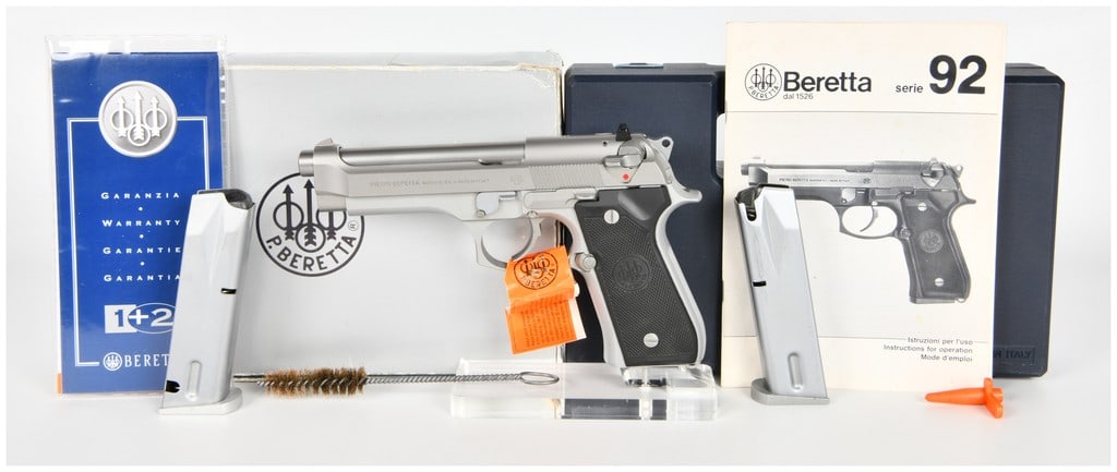 Beretta Model 92FS Inox Semi-Automatic Pistol, 9mm Parabellum, Italian Manufacture, 2006: This lot features a Pietro Beretta Model 92FS semi-automatic pistol chambered in 9mm Parabellum. This specimen is an Italian-manufactured Inox model, characterized by its satin stainless steel slide a