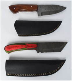 Two Custom Handmade Damascus Steel Fixed Blade Knives with Leather Sheaths