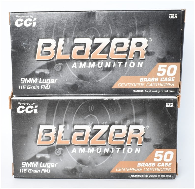100 Rounds of CCI Blazer Brass 9mm Luger Ammunition: A collection of 100 rounds of CCI Blazer Brass 9mm Luger centerfire ammunition. The cartridges feature 115-grain Full Metal Jacket (FMJ) bullets and utilize brass casings. Each casing is headstamped w