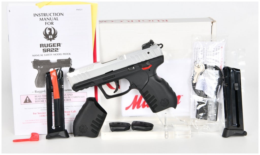 Ruger SR22 Semi-Automatic Pistol, .22 LR, Brand New in Box, Serial 369-56710, 2024: This is a brand new Ruger SR22 semi-automatic pistol chambered in .22 Long Rifle, manufactured at the Ruger facility in Mayodan, North Carolina. The firearm features a striking two-tone finish with a