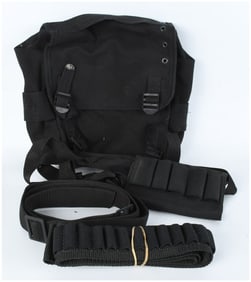 A Collection of Black Tactical and Utility Gear Including a Military Style Butt Pack