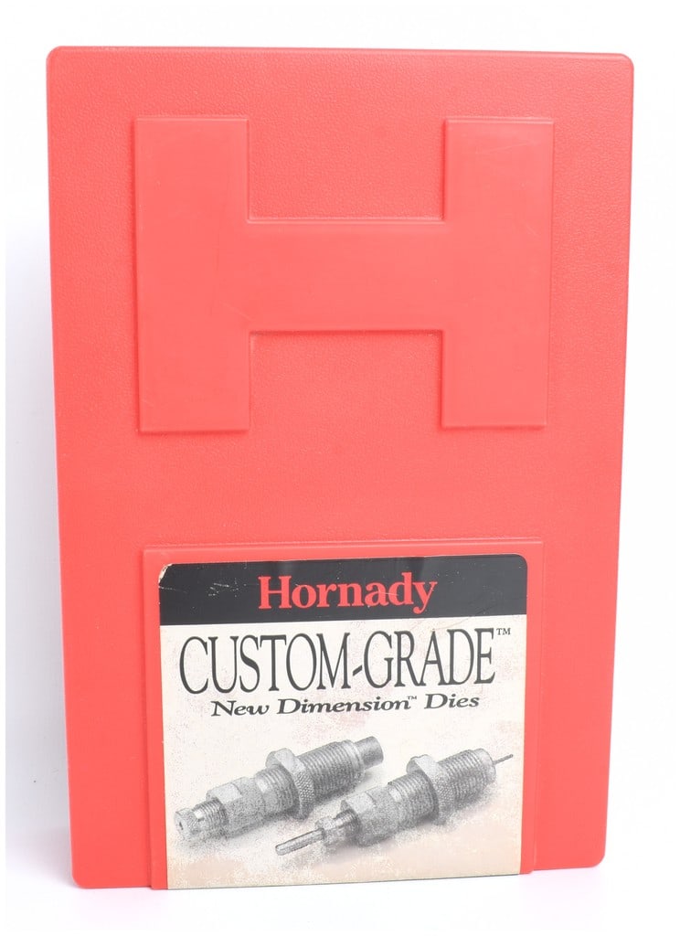 Hornady Custom-Grade New Dimension 2-Die Set for .340 WBY MAG, Modern Production: A complete Hornady Custom-Grade New Dimension two-die set designed for reloading the specialized .340 Weatherby Magnum bottleneck rifle cartridge. This is a Full Length (F.L.) sizing die set,