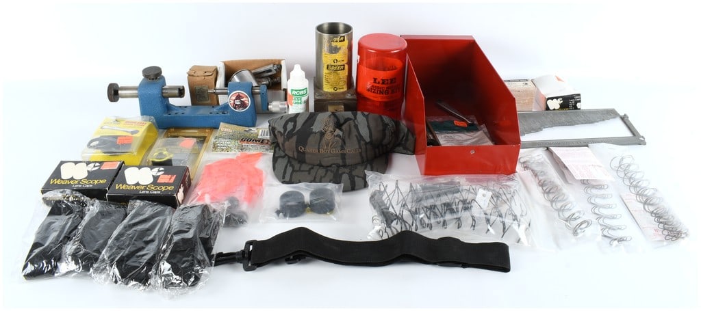 Vintage Bair Reloading Press, Herter's Case Gauge, and Large Lot of Shooting Accessories: A comprehensive collection of 26 distinct items related to firearms, hunting, shooting, and cartridge reloading, spanning several decades of manufacturing history. The core of the collection features