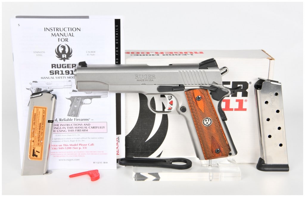 Ruger SR1911 Semi-Automatic Pistol, .45 Auto, Stainless Steel, Circa 2015: This lot features a Ruger SR1911 semi-automatic pistol manufactured by Sturm, Ruger and Co. in Prescott, Arizona. Chambered in .45 Auto, the firearm is constructed with a stainless steel frame and sli