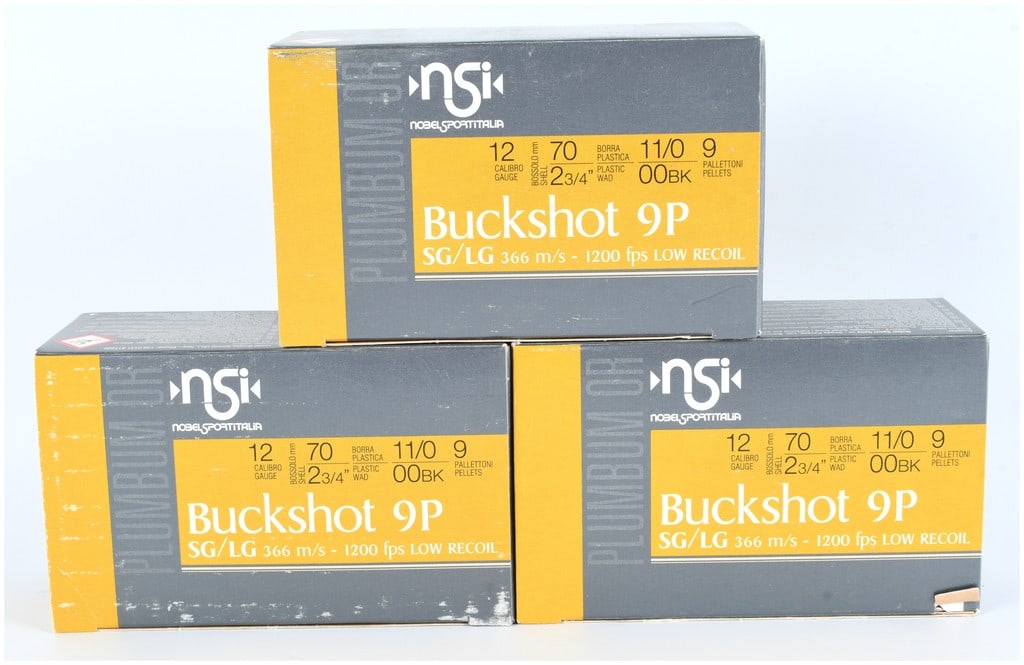 NSI NobelSport Italia 12 Gauge 2 3/4" 00 Buckshot Low Recoil Ammunition, Modern Production: A lot of 30 rounds of premium shotgun ammunition manufactured by NSI NOBELSPORTITALIA. This lot consists of three factory-sealed boxes, each containing 10 rounds, totaling 30 unfired shells. The