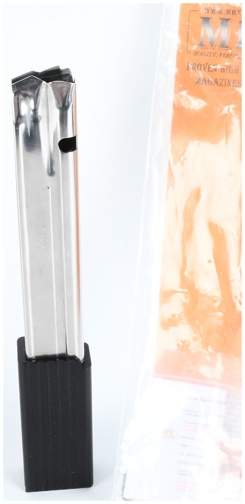 MBX Staccato 2011 9mm 170mm Stainless Steel Magazine: An MBX brand 9mm firearm magazine designed for the Staccato 2011 platform. The magazine body is constructed from polished stainless steel and is fitted with a large, black, ribbed extended basepad.