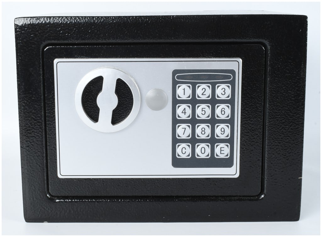 Electronic Digital Security Safe Box with Keypad and Keys: A contemporary electronic digital security safe constructed of steel with a black textured powder-coated finish. The front features a silver-toned control panel with a 12-button digital keypad, a