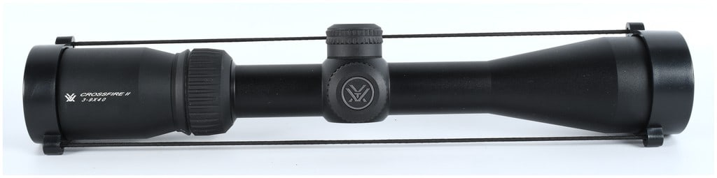Vortex Crossfire II 3-9x40 Variable Power Riflescope Contemporary: A modern variable power riflescope manufactured by Vortex Optics, model Crossfire II, with specifications 3-9X40. The scope features a durable, matte black aluminum body construction. Markings