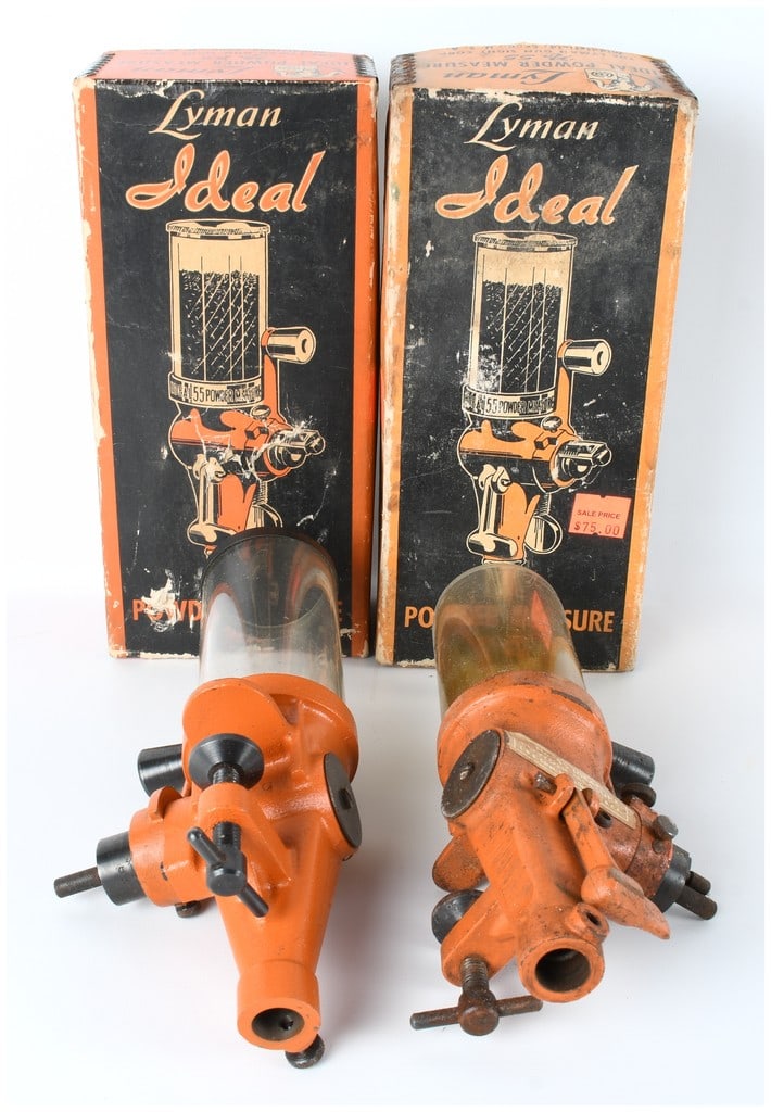 Lyman Ideal No. 55 Powder Measures Pair with Original Boxes Vintage Reloading Accessories: A highly desirable pair of vintage Lyman Ideal No. 55 Powder Measures, manufactured by The Lyman Gun Sight Corporation (L.G.S. Corp.) of Middlefield, Connecticut, U.S.A. These essential tools for