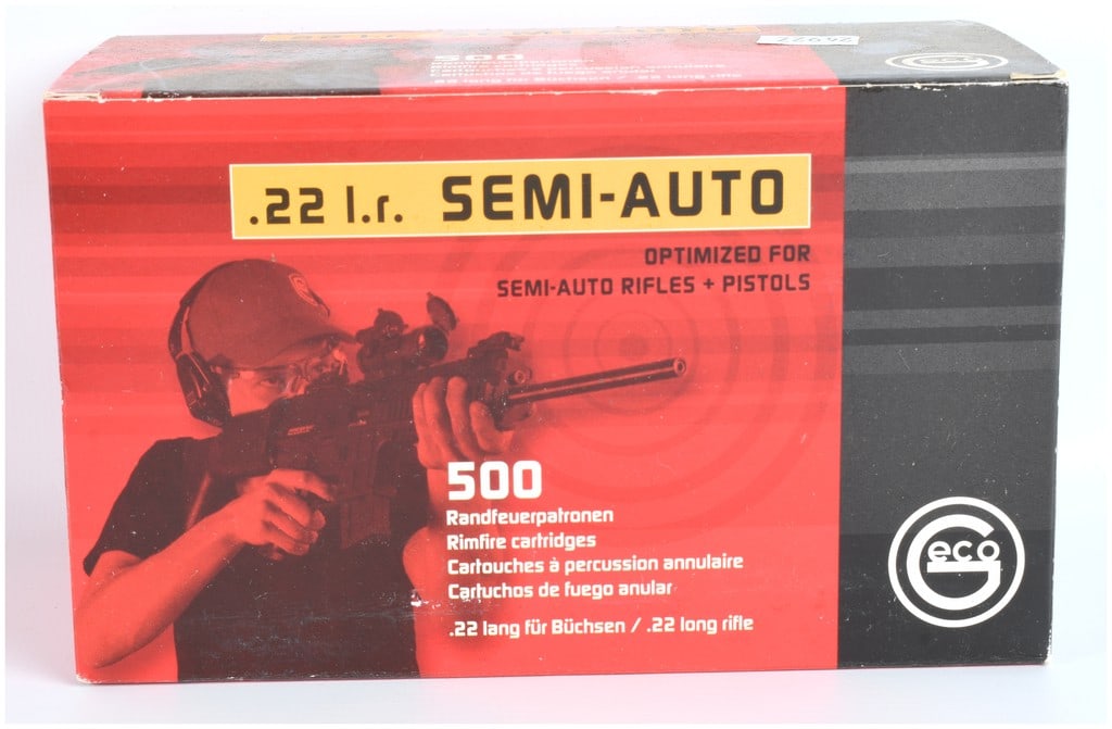 Geco .22 Long Rifle Semi-Auto 40-Grain LRN Ammunition, 500 Rounds, Contemporary: This lot features a bulk retail box containing 500 rounds of Geco brand .22 Long Rifle (.22 l.r.) Semi-Auto ammunition. Produced by the RUAG Group, these cartridges are specifically engineered for