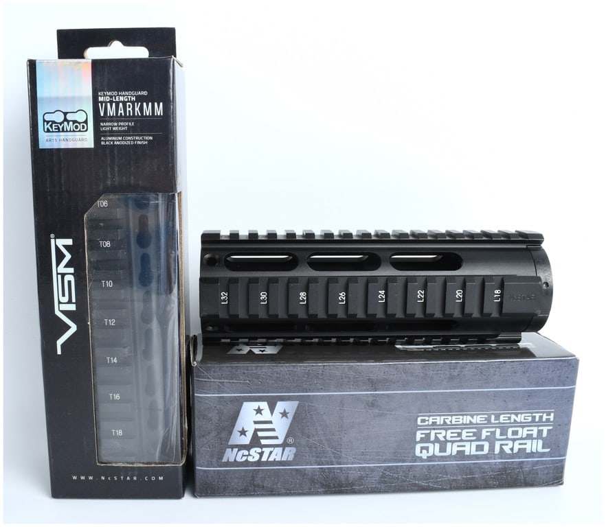NcSTAR/VISM Lot of AR-15 Tactical Handguards and Accessories, Modern Production: A lot of modern AR-15 rifle accessories manufactured by NcSTAR and its subsidiary brand, VISM. The lot includes one physical black aluminum free-float style quad rail handguard. This rail features