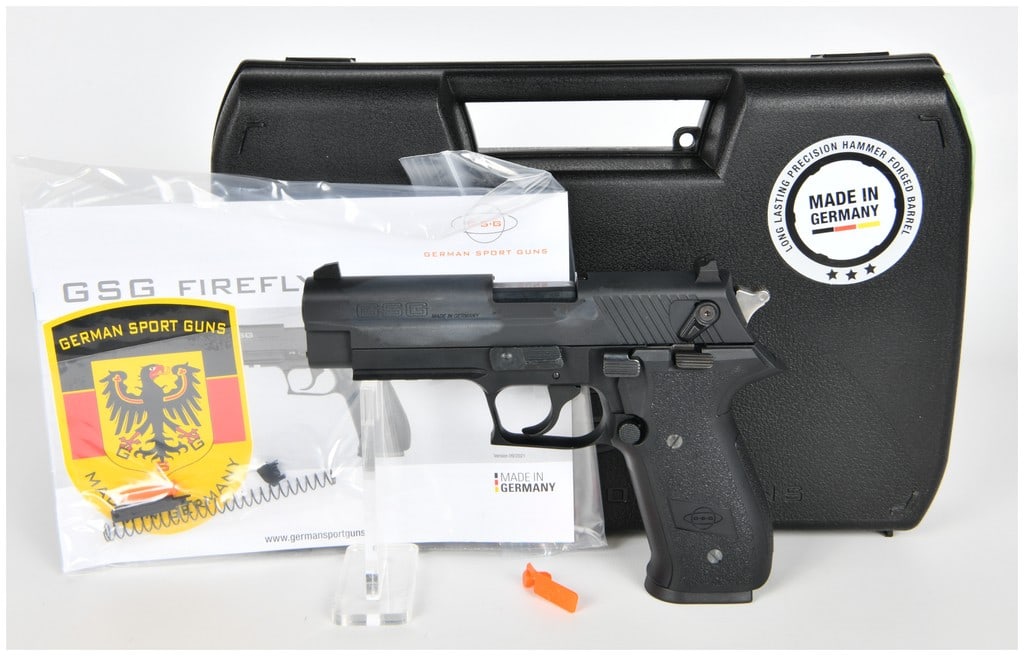 GSG German Sport Guns FireFly Semi-Automatic Pistol Caliber .22 L.R. Complete Factory Set: A modern GSG (German Sport Guns) FireFly semi-automatic pistol chambered in caliber .22 Long Rifle. This pistol is constructed with a black metal slide and a black polymer frame featuring an