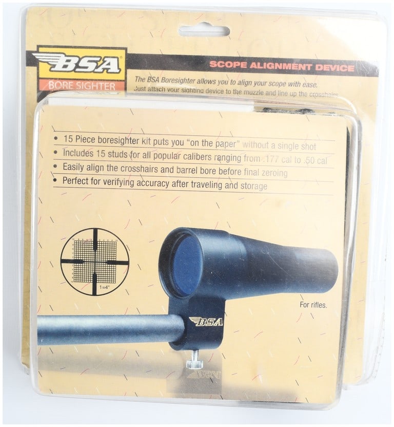 BSA Optics Bore Sighter Kit with Arbors: A BSA Optics Bore Sighter Kit, model BS30CP, designed as a scope alignment device for use with both rifles and handguns. This 15-piece set includes a collimator and 15 specific studs for various