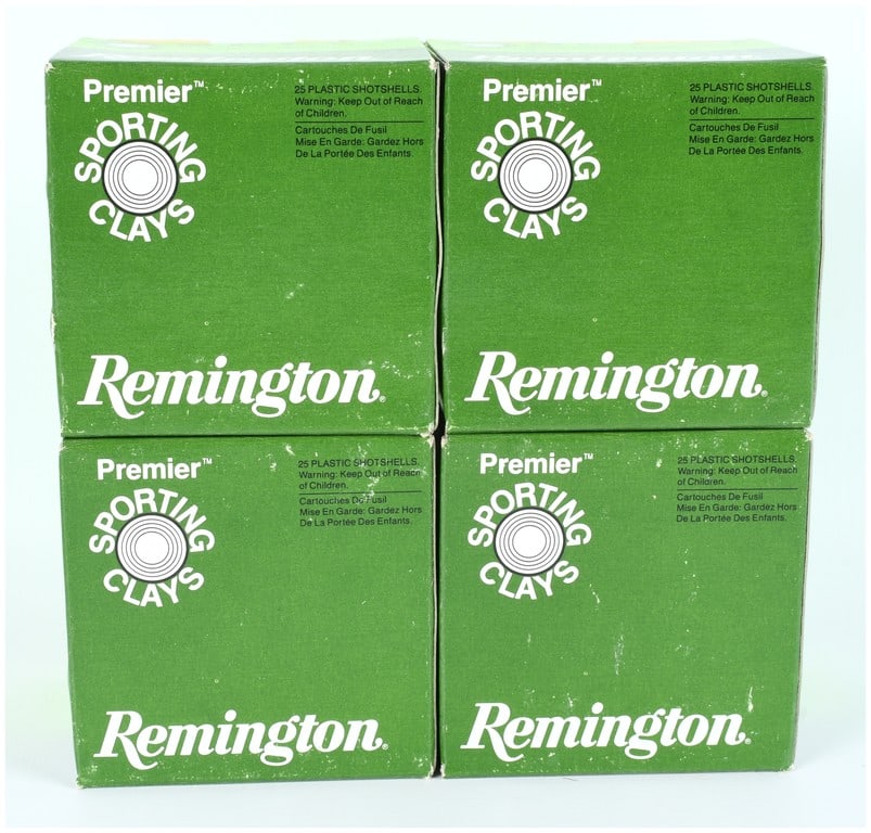 Remington Premier Sporting Clays 28 Gauge SC28-8 Shotshells, 100 Rounds, Modern Production: A lot consisting of 100 rounds of Remington Premier Sporting Clays Target Load ammunition. The lot is presented in four original green cardboard boxes, each marked for 25 plastic shotshells. This