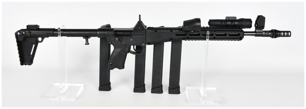 Kel-Tec SUB-2000 Folding Pistol Caliber Carbine .40 S&W with Vortex Optic and 4 Magazines,: A highly accessorized semi-automatic folding pistol caliber carbine, the Kel-Tec SUB-2000, manufactured by Kel-Tec CNC Inc. in Cocoa, Florida. This model is chambered in .40 S&W caliber and is
