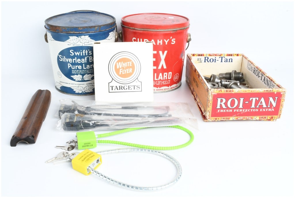 A Collection of Swift's Silverleaf and Cudahy's Rex Lard Tins with Shooting Accessories: This collection features two vintage four-pound lithographed lard tins, including a Swift's Silverleaf Brand Pure Lard tin and a Cudahy's Rex Brand Pure Lard tin. The Swift's tin is manufactured by