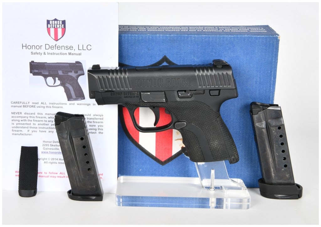 Honor Defense Honor Guard HG9SC 9mm Semi-Automatic Pistol with Original Box, 2016: This lot features an Honor Defense LLC Honor Guard model HG9SC semi-automatic striker-fired pistol chambered in 9mm (9x19). Manufactured in Gainesville, Georgia, the firearm is constructed with a