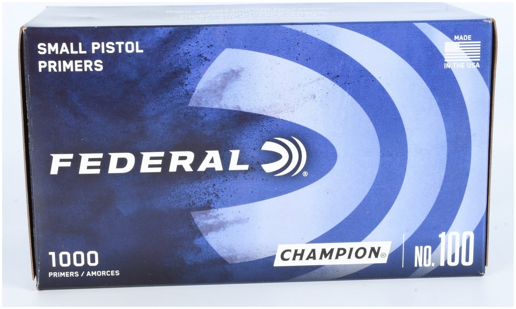 Federal Champion No. 100 Small Pistol Primers, 1000 Count: A collection of 1000 Federal Champion No. 100 Small Pistol Primers. The lot includes the original commercial cardboard packaging, featuring a blue and white color scheme. The outer box is marked for