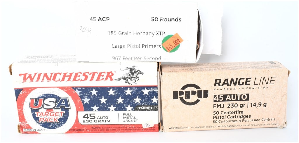 Mixed Lot of Winchester, PPU, and Hornady .45 ACP Ammunition (150 Rounds Total): A substantial lot of 150 centerfire pistol cartridges in .45 ACP/.45 Auto caliber, featuring a variety of manufacturers and projectile types suitable for target practice and personal defense. The