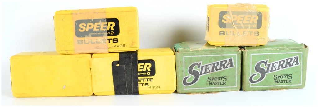 Speer and Sierra Vintage .44 Caliber Reloading Bullet Tips Assortment (Six Boxes): A lot consisting of six containers of vintage reloading bullet tips, primarily .44 Caliber, designed for handloading enthusiasts and collectors of vintage ammunition accessories. The lot includes