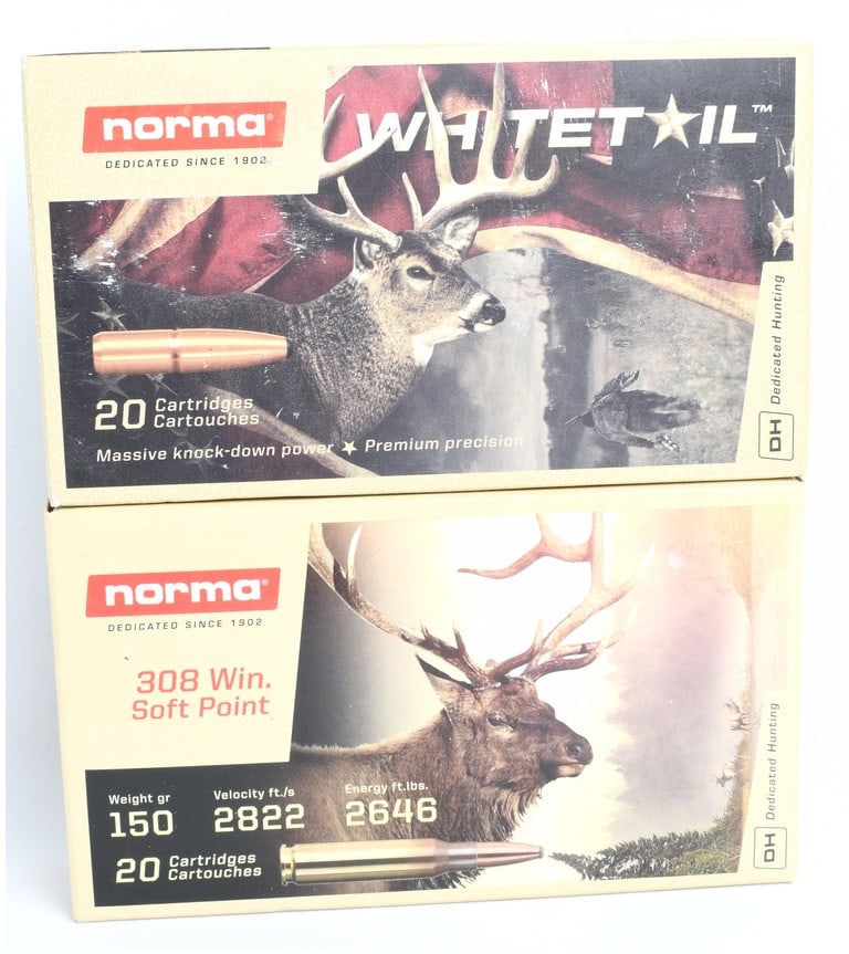 Norma Whitetail and Soft Point Premium Hunting Ammunition Lot, Two Calibers, Contemporary Production: A specialized lot of 40 rounds of Norma premium centerfire rifle ammunition, manufactured by Norma Precision AB, dedicated since 1902. The lot consists of two full, original cardboard boxes from the
