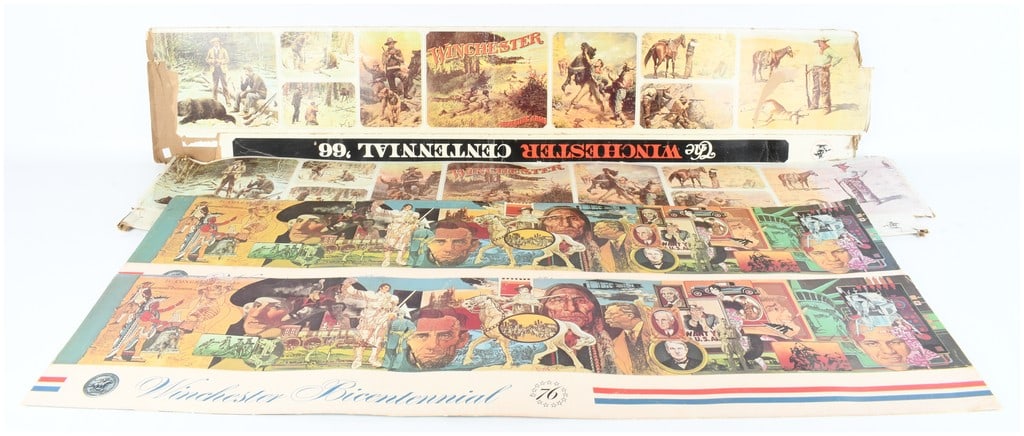 A Group of 4 Winchester Repeating Arms Commemorative Box Sleeves: This lot consists of 4 commemorative box sleeves produced for Winchester Repeating Arms. The group includes a cardboard banner titled The Winchester Centennial 66, which features various illustrative