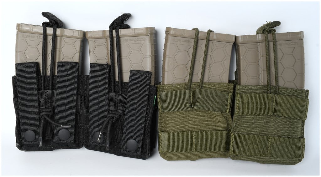Modular Tactical Rifle Magazine and Pouch Sets, 7.62x51mm NATO, Contemporary Production: This lot consists of four complete tactical magazine and pouch sets designed for high-capacity rifle platforms. The lot includes four tan or Flat Dark Earth (FDE) polymer magazines, each clearly
