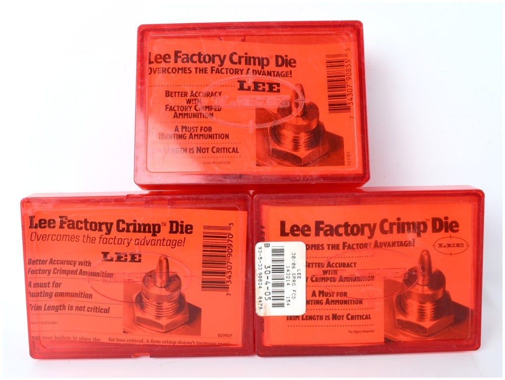 Lee Precision Factory Crimp Die Set, Three Calibers, Original Cases, circa 1995-2010: This lot features a collection of three Lee Precision, Inc. Factory Crimp Dies, essential tools for the precision ammunition reloader. The set includes dies for three distinct calibers: 300 Ultra Magn