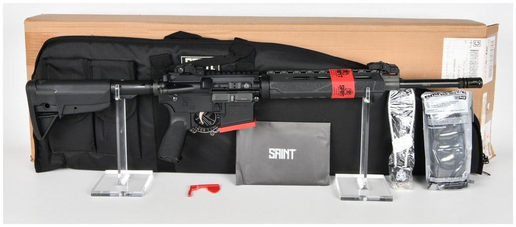 Springfield Armory SAINT Semi-Automatic Rifle, 5.56 NATO, Brand New in Box, Modern: Springfield Armory SAINT semi-automatic rifle, AR-pattern, chambered in 5.56 NATO. The rifle features a black finished metal receiver marked "SPRINGFIELD ARMORY GENESEO, IL," "MULTI-CALIBER," and seri