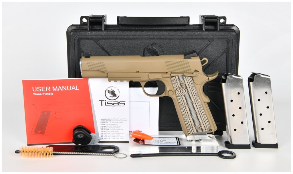 Tisas Model 1911 Duty Raider Semi-Automatic Pistol, .45 ACP, Desert Tan Finish, c. 2022: This is a Tisas model 1911 Duty Raider semi-automatic, single-action pistol chambered in .45 ACP. Produced by Trabzon Silah Sanayi A.S. in Turkiye and imported by Tisas Knoxville, TN, this firearm is