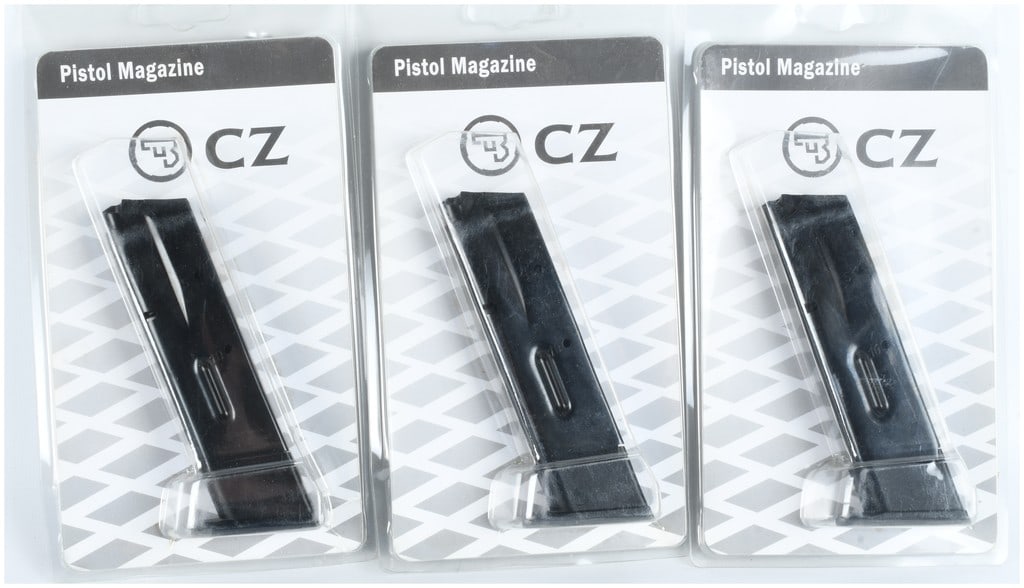 Three CZ 75 Series 10-Round 9mm Pistol Magazines: Three CZ 75 series 10-round 9mm pistol magazines. Each magazine is constructed with a black-finished steel body and a black polymer base plate. The side of each magazine body features stamped round ca