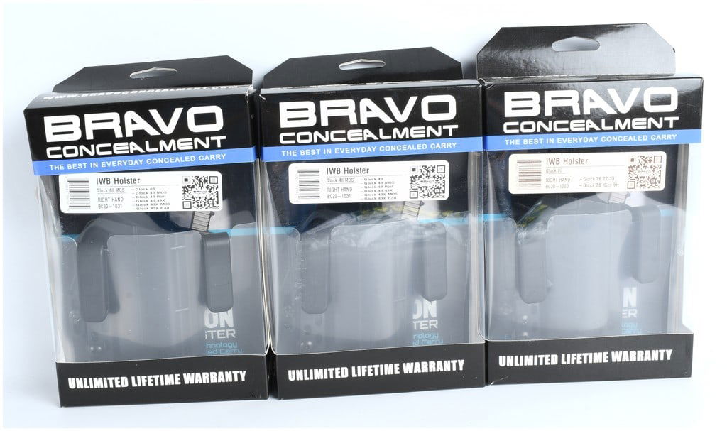 Bravo Concealment Torsion IWB Polymer Holster Collection (3 Items): A collection of three (3) modern Bravo Concealment IWB (Inside the Waistband) holsters, designed for concealed carry. These holsters are constructed from durable dark gray/black polymer, utilizing the