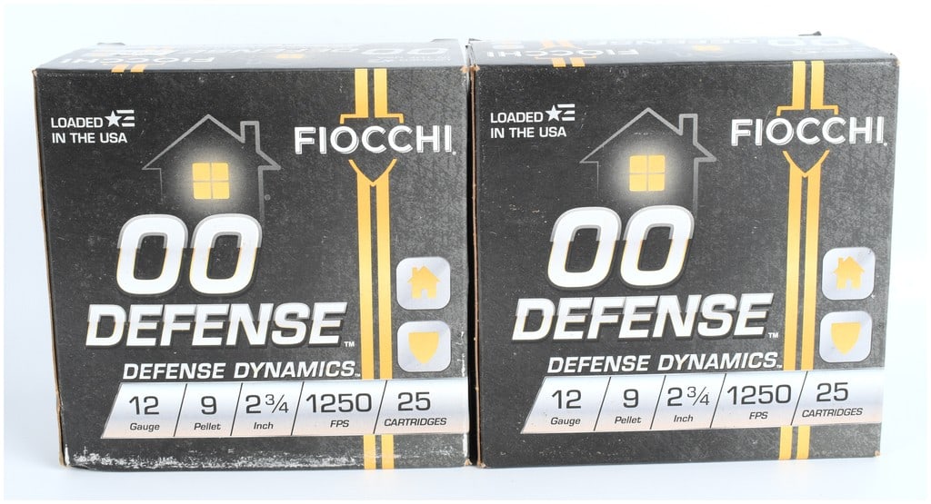Fiocchi Defense Dynamics 12 Gauge 00 Buckshot Ammunition, 50 Rounds, Modern: This lot features 50 rounds of modern Fiocchi Defense Dynamics 12-gauge ammunition, provided in two original 25-count boxes. These 2 3/4-inch shells are loaded with a 9-pellet 00 buckshot charge and h