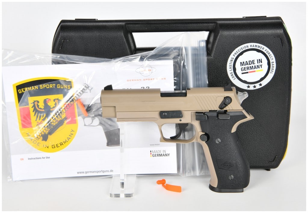 GSG Firefly Semi-Automatic Pistol, Two-Tone Tan/Black, Caliber .22LR, Modern Production: A modern GSG (German Sport Guns) Firefly semi-automatic pistol, model GERG2210FFT. This pistol is chambered in cal .22LR and features a distinctive two-tone finish, consisting of a tan polymer slide a