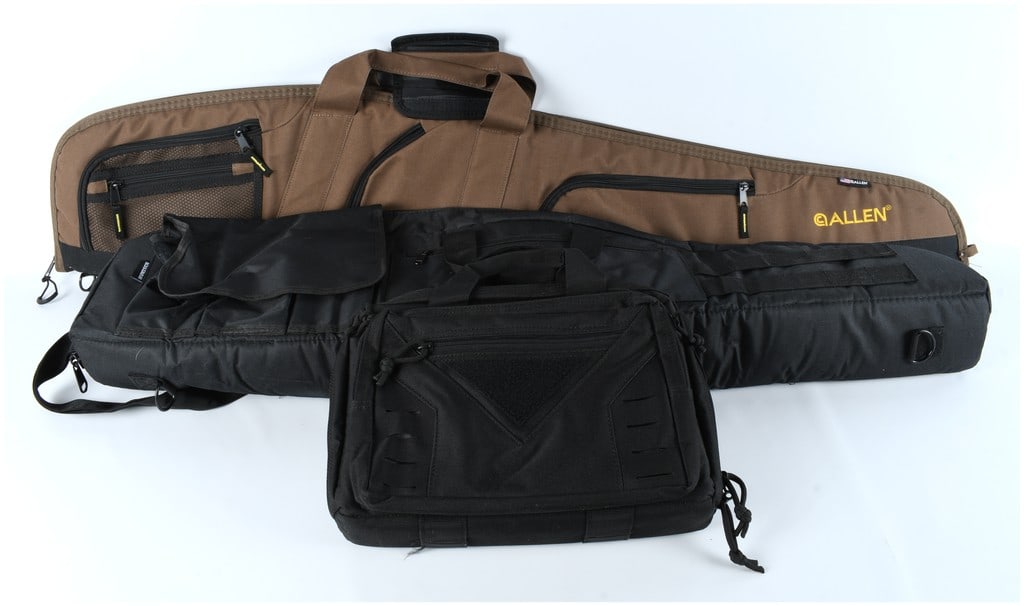 Allen and Vortex Rifle Cases Lot of Three, Tactical and Sporting Styles, Modern: A lot consisting of three modern, high-quality soft rifle cases designed for scoped firearms and long guns. The first visible case is the Allen Company Daytona model, featuring a mocha brown and black
