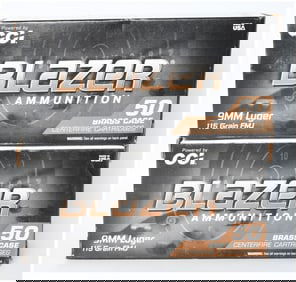 100 Rounds of CCI Blazer Brass 9mm Luger 115 Grain FMJ Ammunition