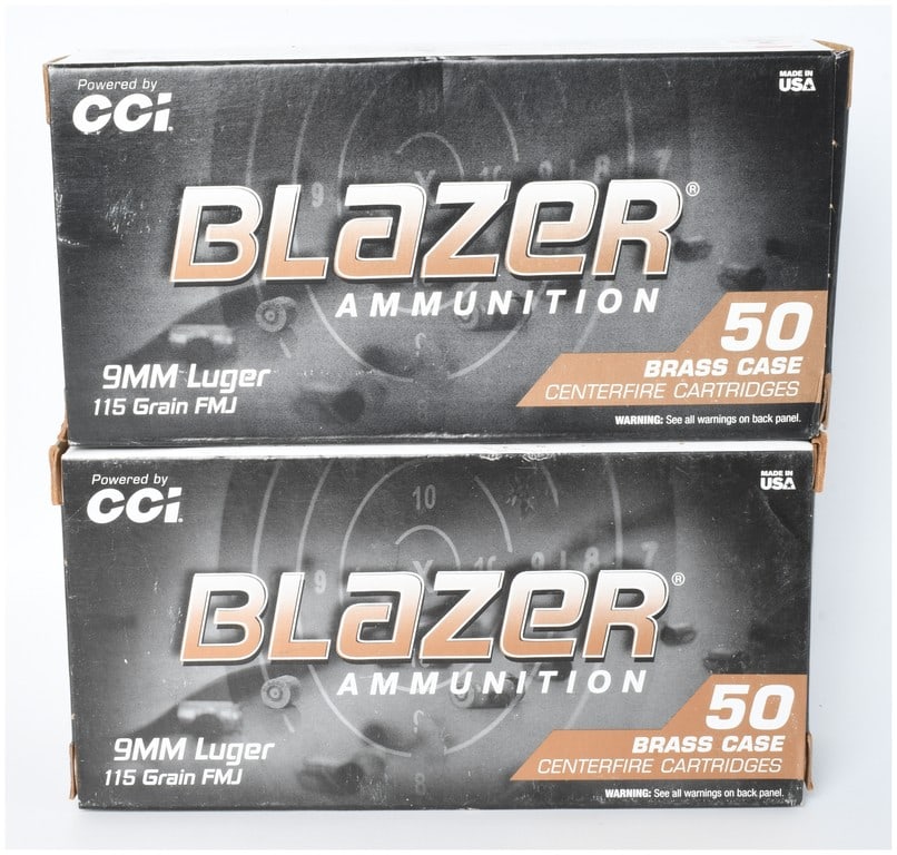 100 Rounds of CCI Blazer Brass 9mm Luger 115 Grain FMJ Ammunition: A collection of 100 centerfire pistol cartridges manufactured by CCI under the Blazer Brass line. The ammunition is 9mm Luger caliber with a 115 grain Full Metal Jacket (FMJ) bullet. Each cartridge fe