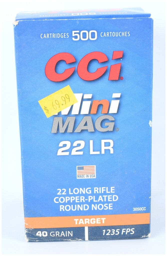 CCI Mini MAG 22 LR Ammunition 500-Round Box 40 Grain Modern Production: This lot features a bulk box of 500 rounds of CCI Mini MAG rimfire ammunition. The caliber is specified as .22 Long Rifle (.22 LR). The cartridges are factory loaded with a 40 grain copper-plated roun