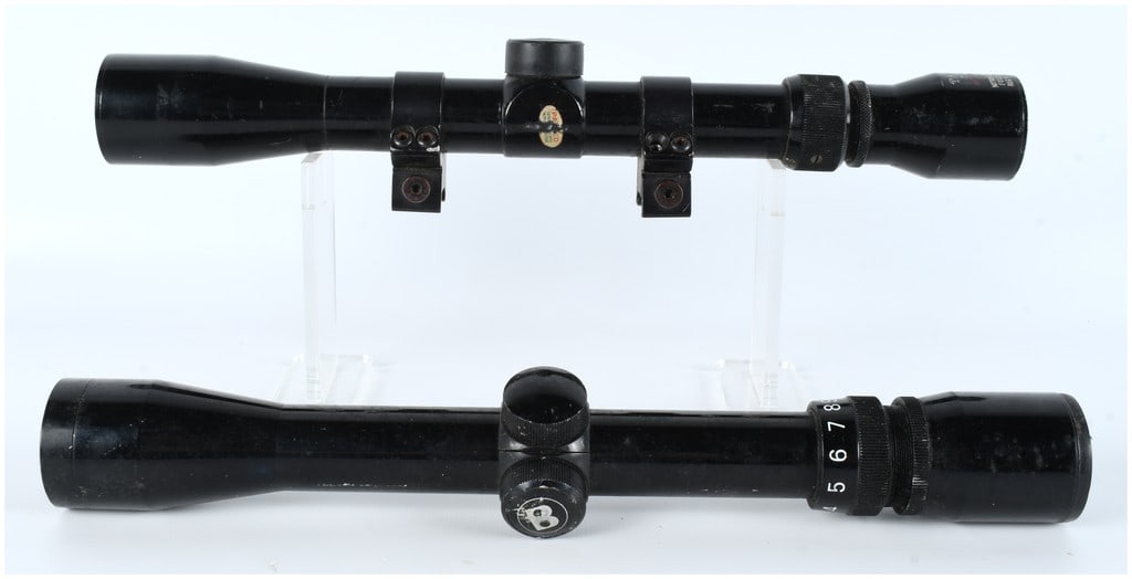 Tasco and Bushnell 3-9x Variable Power Rifle Scopes, Lot of 2, circa 1970s-1980s: This lot features two vintage variable-power telescopic rifle scopes, representing classic Japanese-sourced optics from the late 20th century. The first is a Tasco 3X-9X32 Opti-Centered Zoom model, co