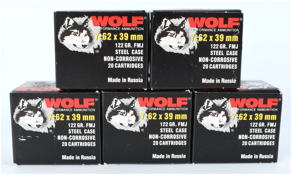 WOLF Performance Ammunition 7.62x39mm 122 Grain FMJ Steel Case 100 Rounds Contemporary Production: This lot features 100 rounds of WOLF Performance Ammunition, chambered in the popular 7.62 x 39 mm caliber. The ammunition is specified as 122 Grain (GR.) Full Metal Jacket (FMJ) and utilizes a steel