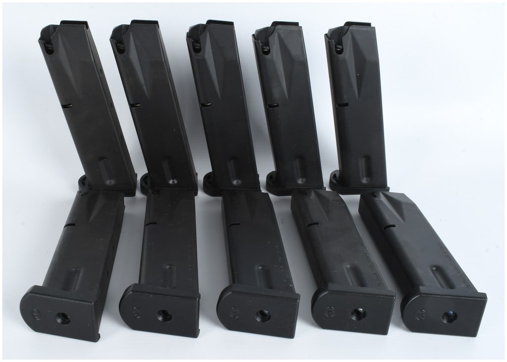 A Set of 10 Beretta 92FS 9mm Handgun Magazines: A set of 10 Beretta 92FS 9mm Parabellum handgun magazines. Each magazine features a double-stack metal body with a matte black finish and a black polymer base plate. The side of each magazine body is