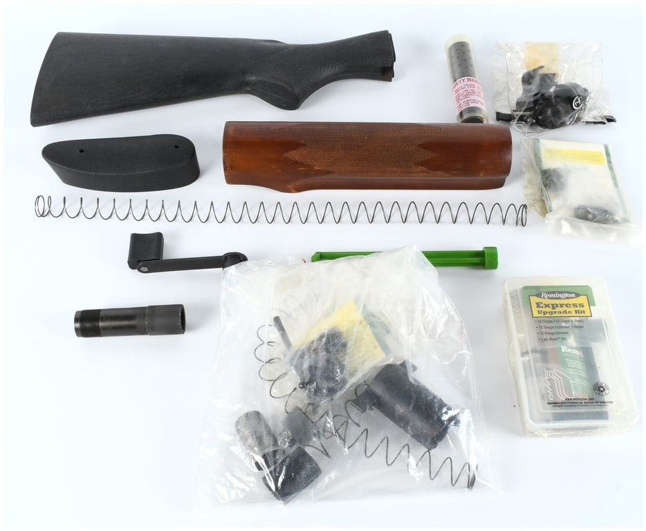 Remington 12-Gauge Shotgun Accessory and Parts Collection, c. 1990s-2000s: This comprehensive assembly of 12-gauge shotgun components is primarily manufactured by the Remington Arms Company, Inc. of Madison, North Carolina. The collection features a black synthetic buttstock