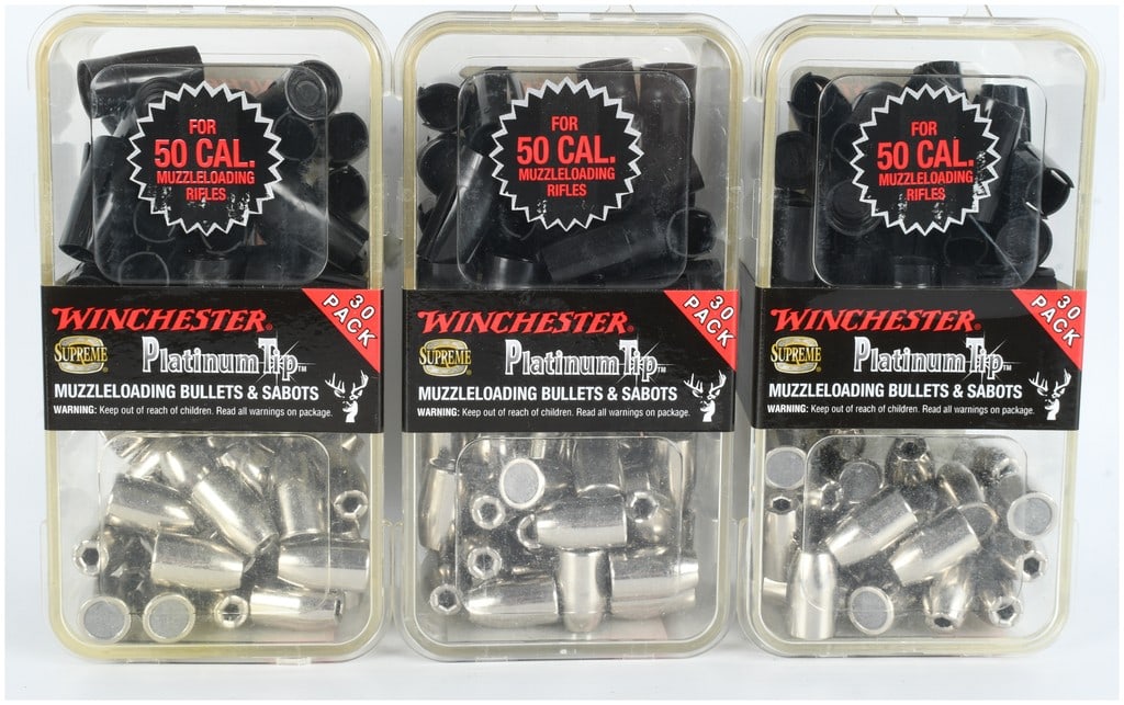 Winchester Supreme Platinum Tip .50 Caliber Muzzleloading Bullets and Sabots, 90 Count: A collection of 90 Winchester Supreme Platinum Tip muzzleloading bullets and sabots designed for .50 caliber muzzleloading rifles. The lot is comprised of three retail packages, each containing 30 met