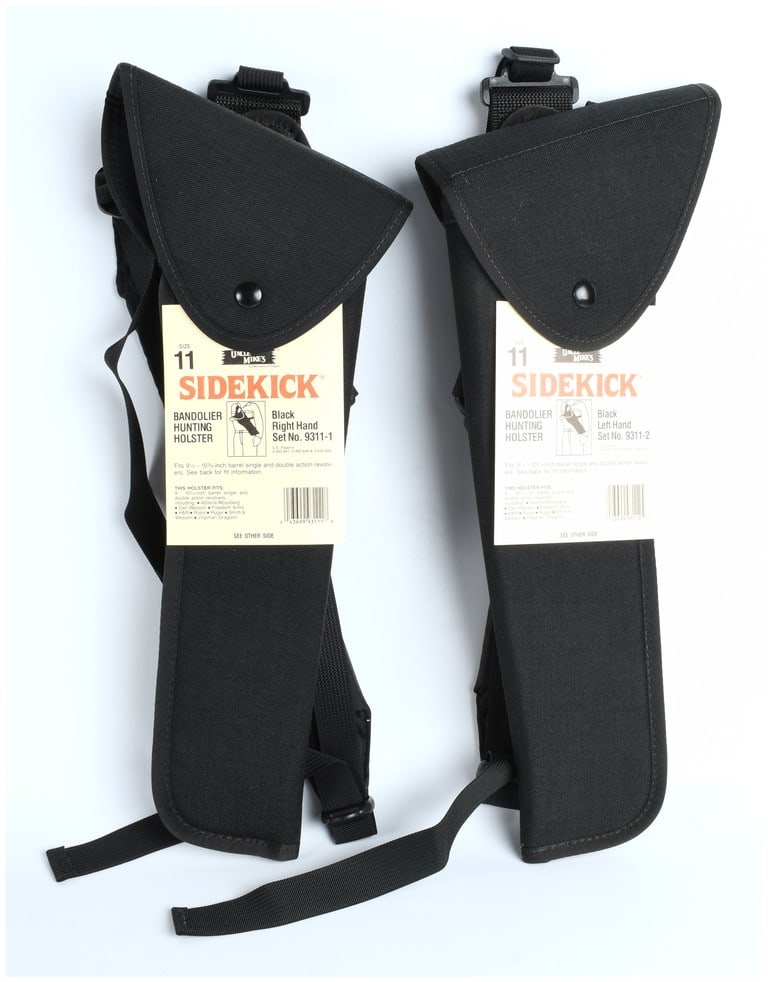 Uncle Mike's Sidekick Size 11 Black Nylon Bandolier Holster Matched Pair (1980s-1990s): A collector's lot consisting of two (2) vintage Uncle Mike's Sidekick Bandolier Hunting Holsters, manufactured by Michaels of Oregon. This is a highly desirable matched pair, including one Right Hand