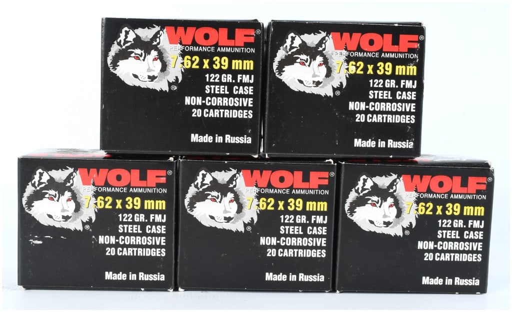 Wolf Performance Ammunition 7.62x39mm 122 Grain FMJ Steel Case 100 Rounds Modern: This lot consists of five factory boxes of Wolf Performance Ammunition, totaling 100 cartridges. Wolf is a well-known importer of Russian-manufactured ammunition, popular for use in rifles chambered i