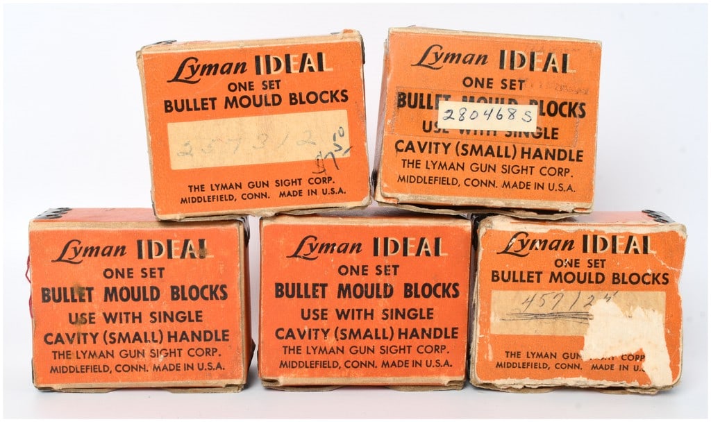 Lyman Ideal Single Cavity Bullet Mould Blocks Lot of Five Sets, Mid-Century: A collection of five sets of Lyman Ideal Bullet Mould Blocks manufactured by THE LYMAN GUN SIGHT CORP. of MIDDLEFIELD, CONN., U.S.A. These specialized reloading tools are constructed of dark metal, li