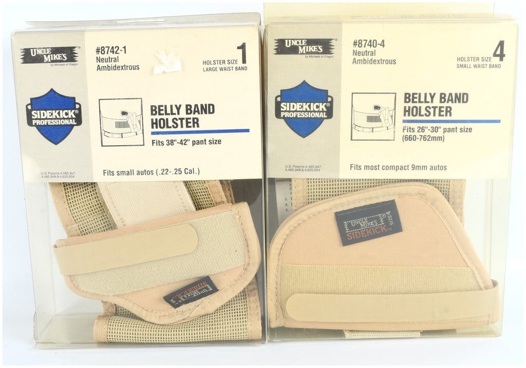 Uncle Mike's Sidekick Professional Belly Band Holsters, Two New Old Stock Concealed Carry Sizes,: A pair of Uncle Mike's SIDEKICK PROFESSIONAL Belly Band Holsters manufactured by Michaels of Oregon. These accessories represent a classic design in concealed carry gear, utilizing patents dating back