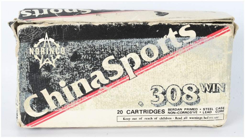 18 Norinco China Sports .308 Win Ammunition Cartridges: A group of 18 Norinco China Sports .308 Winchester ammunition cartridges. The cartridges feature copper-washed or lacquered steel cases with Berdan primers and lead cores. Headstamps are marked 61 and